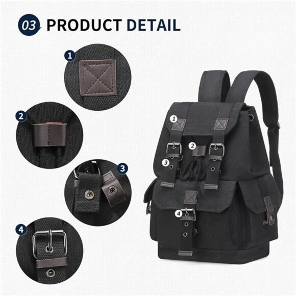 Retro Canvas Backpack for Men Black - Picture 5 of 8